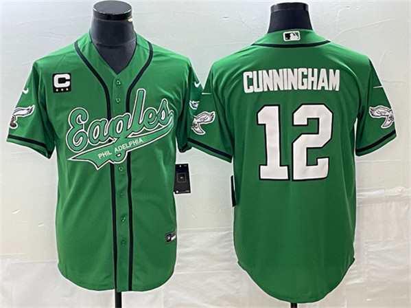 Men's Philadelphia Eagles #12 Randall Cunningham Green With C Patch Cool Base Stitched Baseball Jersey
